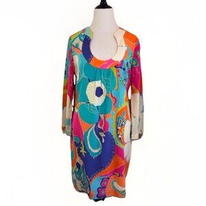 Trina Turk Crushes Sea Cove Tropical Floral Print Silk Dress Long Sleeve RARE M
